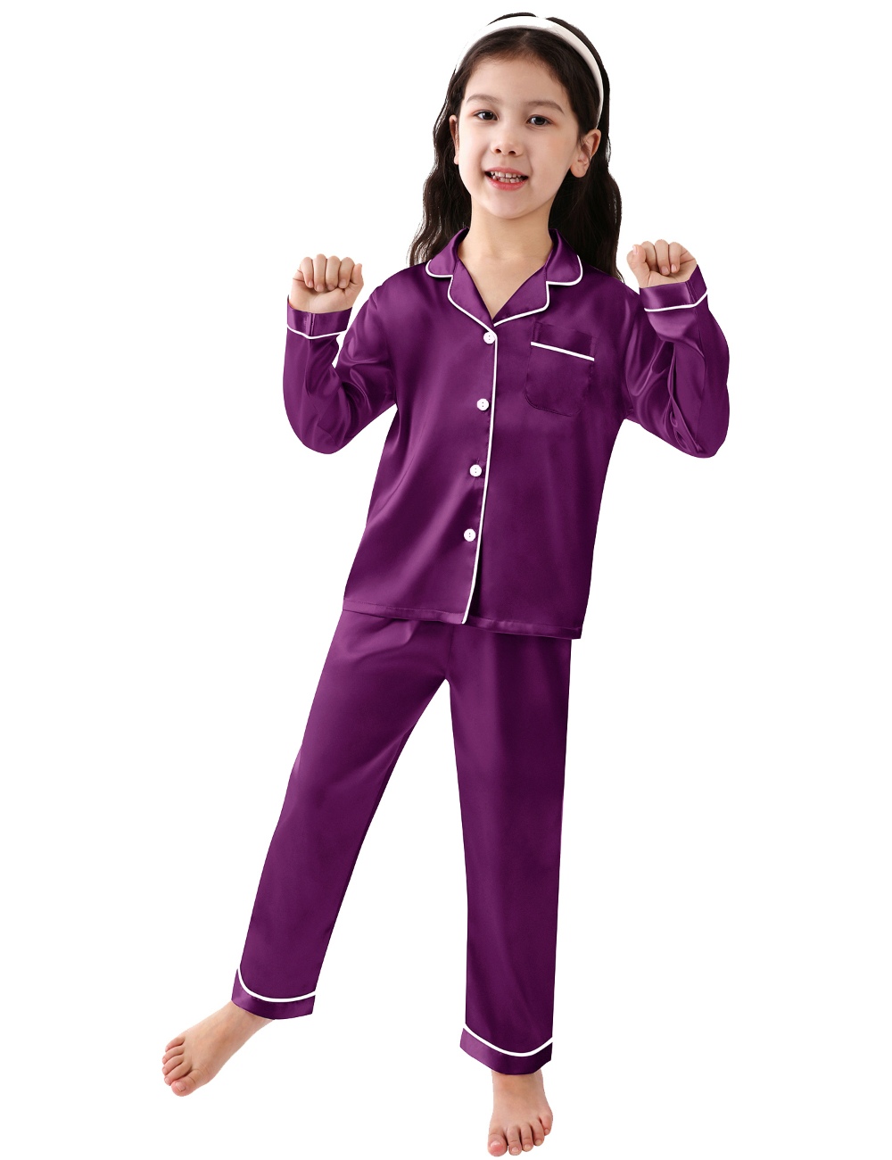 SWOMOG Kid Girls Boys Silk Satin Pajamas Set Button-Down PJs Sets Two-Piece Lounge Sets Long Sleeve White Sleepwear