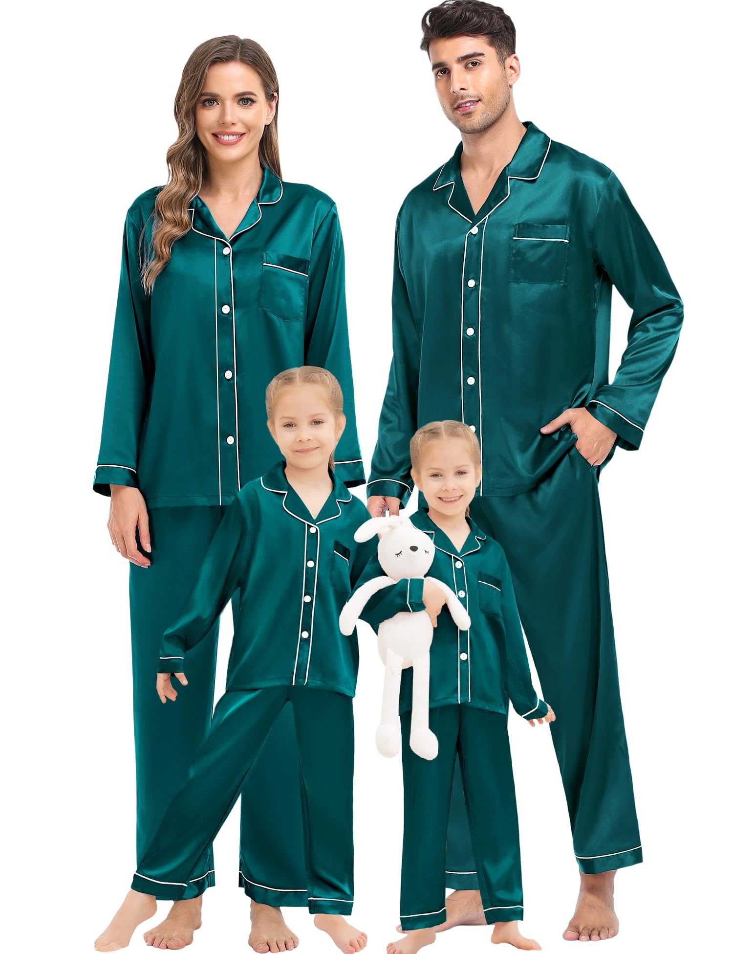 SWOMOG Family Matching Silk Pajamas Set Button Down 2Pcs Sleepwear Long Sleeve Silky Nightwear PJS Set
