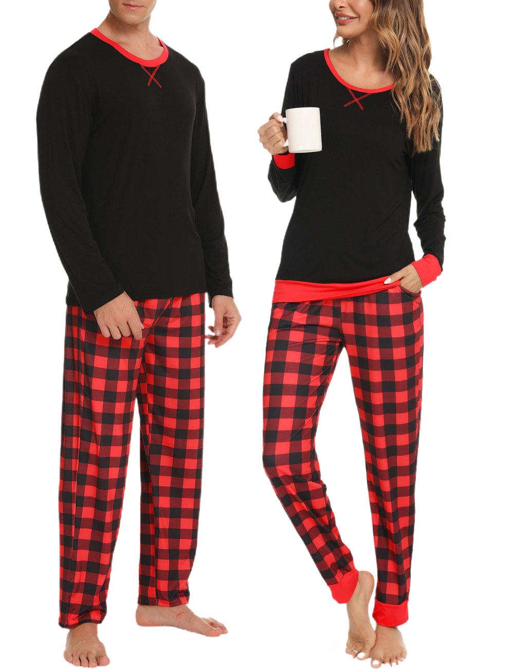 SWOMOG Men & Women & Kids Matching Pajama Sets for Family Couples Long Sleeve Sleepwear Plaid Striped Pants with Pockets