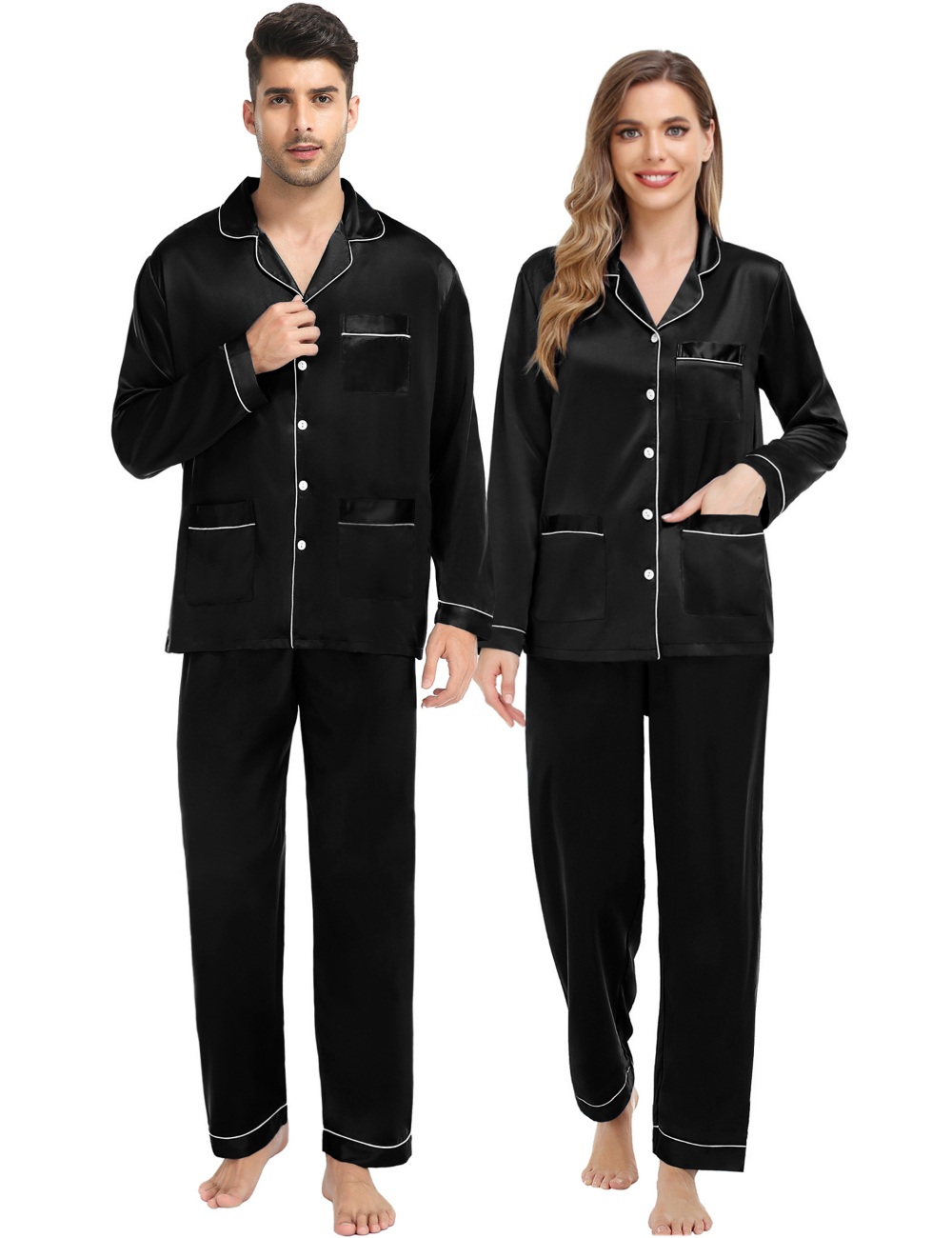SWOMOG Couples Matching Pajamas Set Satin Long Sleeve Sleepwear Soft Button Down Pj Set Silk Loungewear