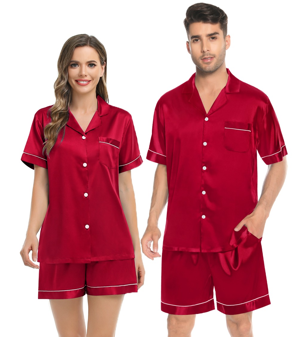 SWOMOG Family Matching Pajamas Set Silk Satin Sleepwear Short Sleeve Button Down Pj Set 2 Pcs Loungewear