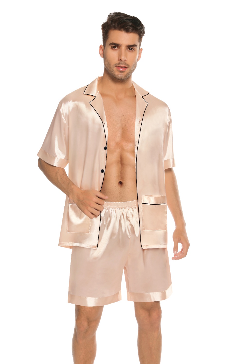 SWOMOG Mens Satin Pajamas Set 2 Piece Pj Button Down Loungewear 2 Piece Set Comfy Sleepwear with Shorts
