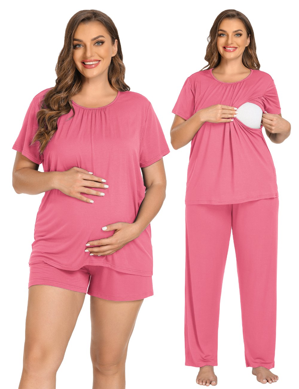 SWOMOG Women Maternity Pajamas Sets 3 Pcs Double Layer Short Sleeve Pregnancy Pjs Set Adjustable Breastfeeding Sleepwear

