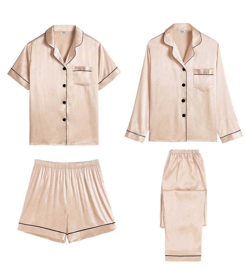 SWOMOG Women 4 Pcs Silk Satin Pajamas Set Button Down Sleepwear Loungewear Pj Sets