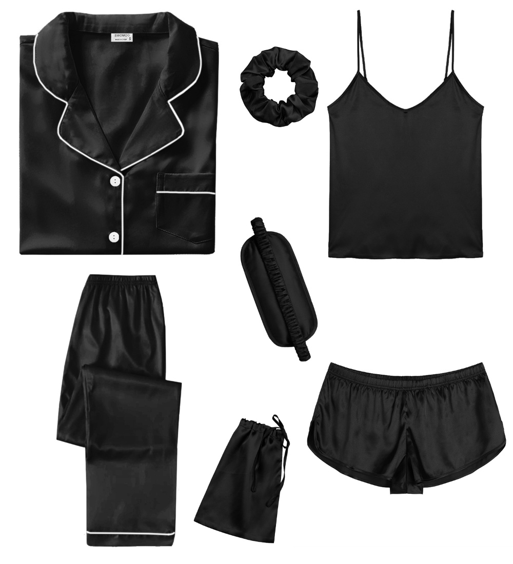 SWOMOG Womens 7pcs Silk Satin Pajamas Sets Short Sleeve Button Down Shirt Camisole Shorts Pjs Set with Eye Mask