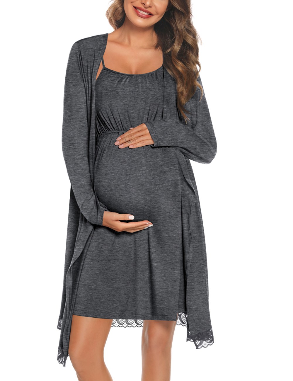 SWOMOG Womens Maternity Robe 2 Piece Nursing Nightgown and Robe Set 3 in 1 Hospital Breastfeeding Bathrobe with Pockets