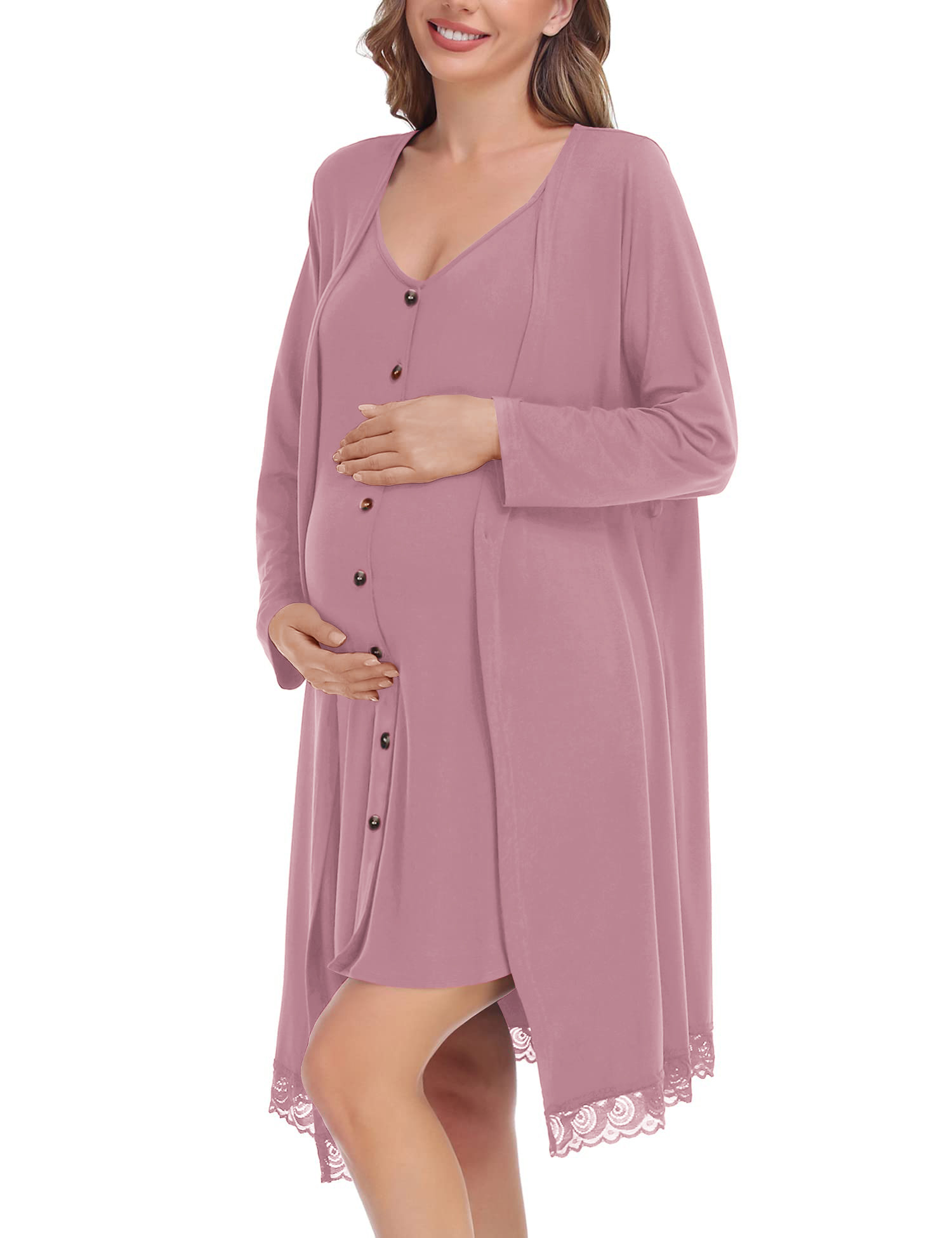 SWOMOG Womens Maternity Nursing Nightgown and Lace Robe Set 3 in 1 Labor Delivery Button Down Nursing Dress 2 Piece Sleepwear