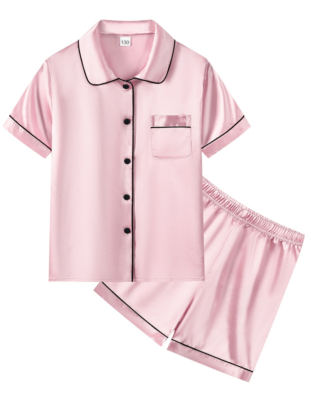 SWOMOG Unisex Kids Silk Satin Pajamas Sets Girls Boys Pjs Set Button-Down Sleepwear Short Sleeve Nightwear 2 Piece Lounge Set