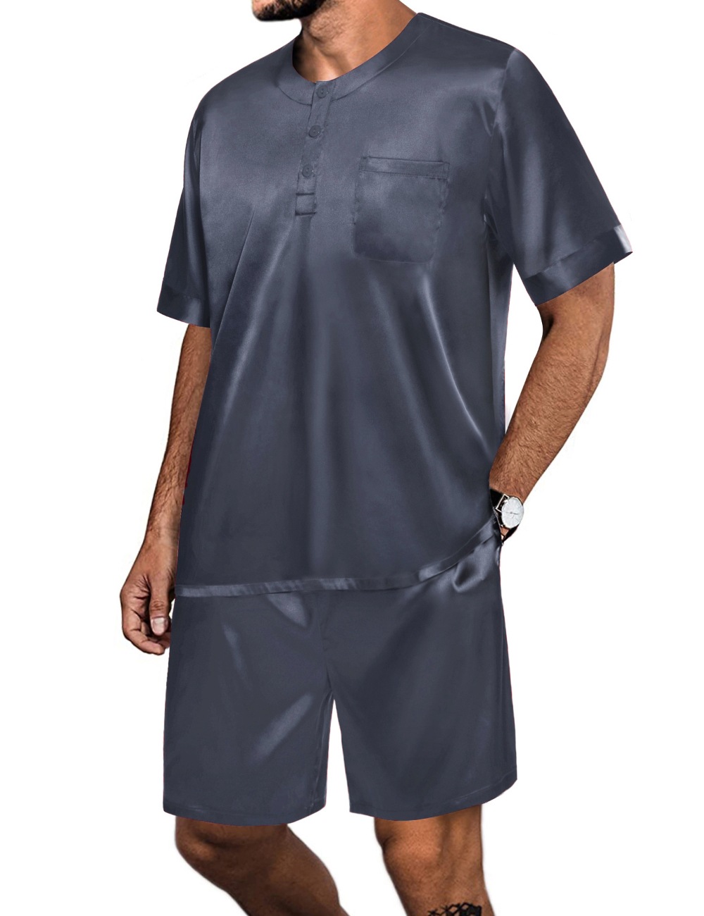 SWOMOG Men Satin Pajamas Set Short Sleeve Silk Sleepwear Button Down 2 Piece Loungewear with Pockets