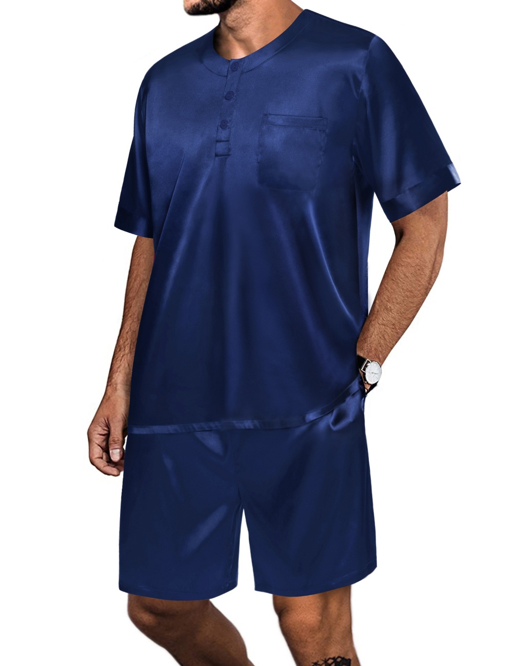 SWOMOG Men Satin Pajamas Set Short Sleeve Silk Sleepwear Button Down 2 Piece Loungewear with Pockets