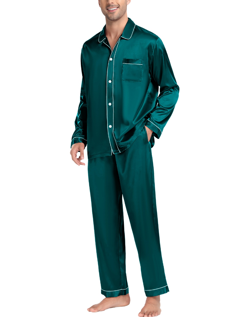 SWOMOG Men Silk Satin Pajamas Set 2PCS Nightwear Long Sleeve & Pants Sleepwear Button Down Pj Set Loungewear with Pocket