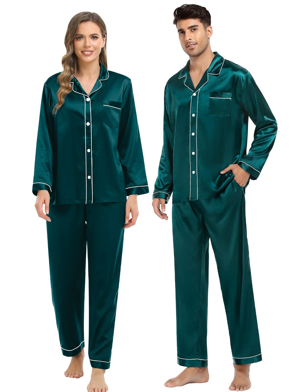 SWOMOG Couples Silk Satin Pajamas Sets Long Sleeve Sleepwear 2-Piece Pjs Set Button-Down Loungewear Comfy Nightwear