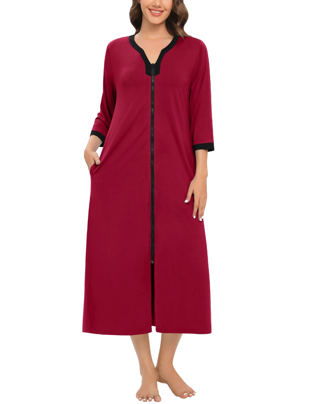 SWOMOG Women Zipper Robes 3/4 Sleeves Housecoat Zip Up Bathrobes Full Length Nightgown Loungewear with Pockets
