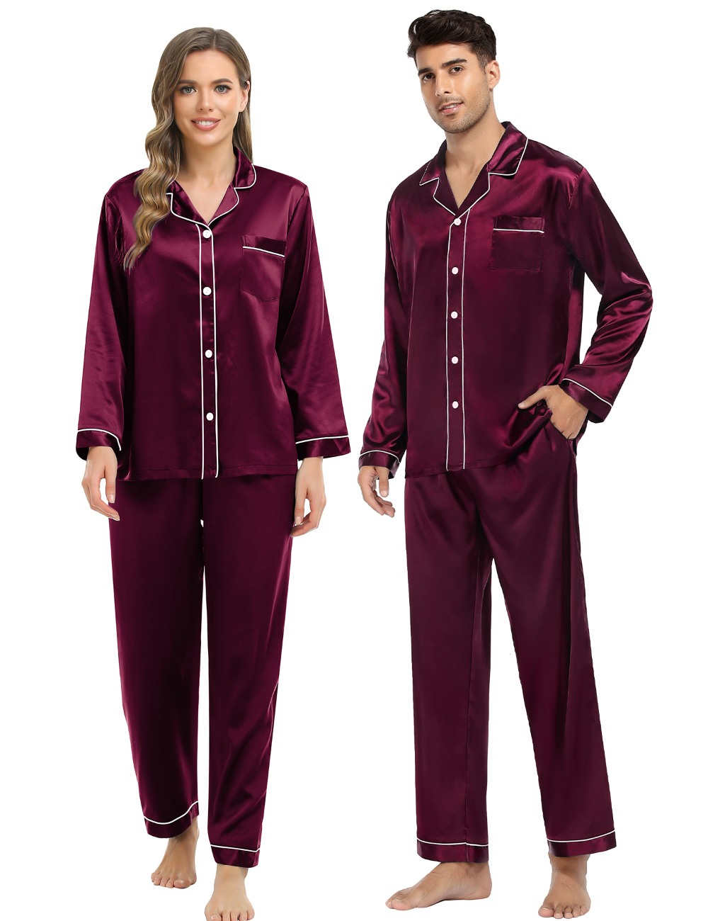 SWOMOG Couples Silk Satin Pajamas Sets Long Sleeve Sleepwear 2-Piece Pjs Set Button-Down Loungewear Comfy Nightwear
