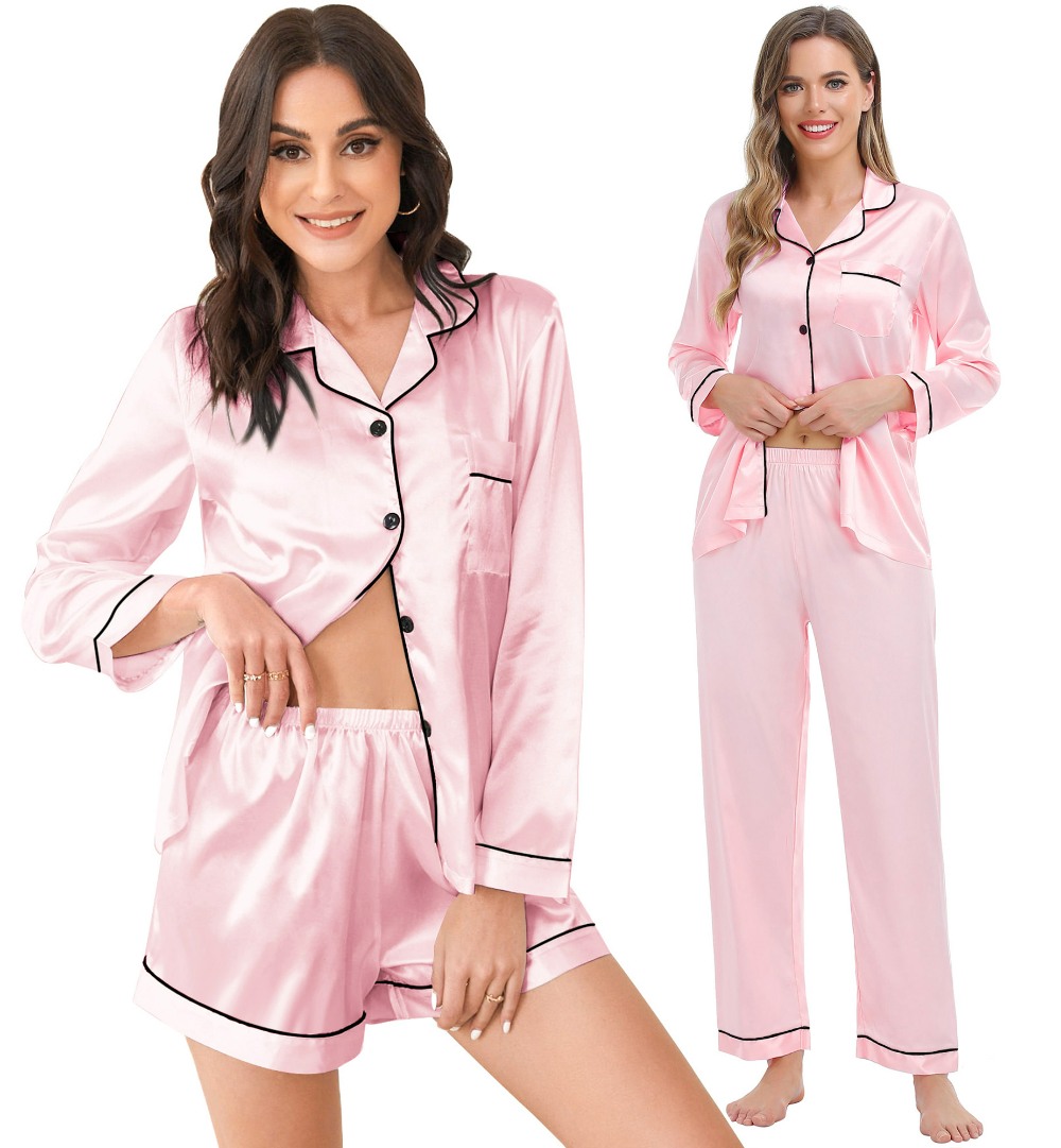 SWOMOG Womens 3pcs Pajamas Set Silk Satin Long Sleeve Sleepwear Button Down Loungewear Pjs Nightwear