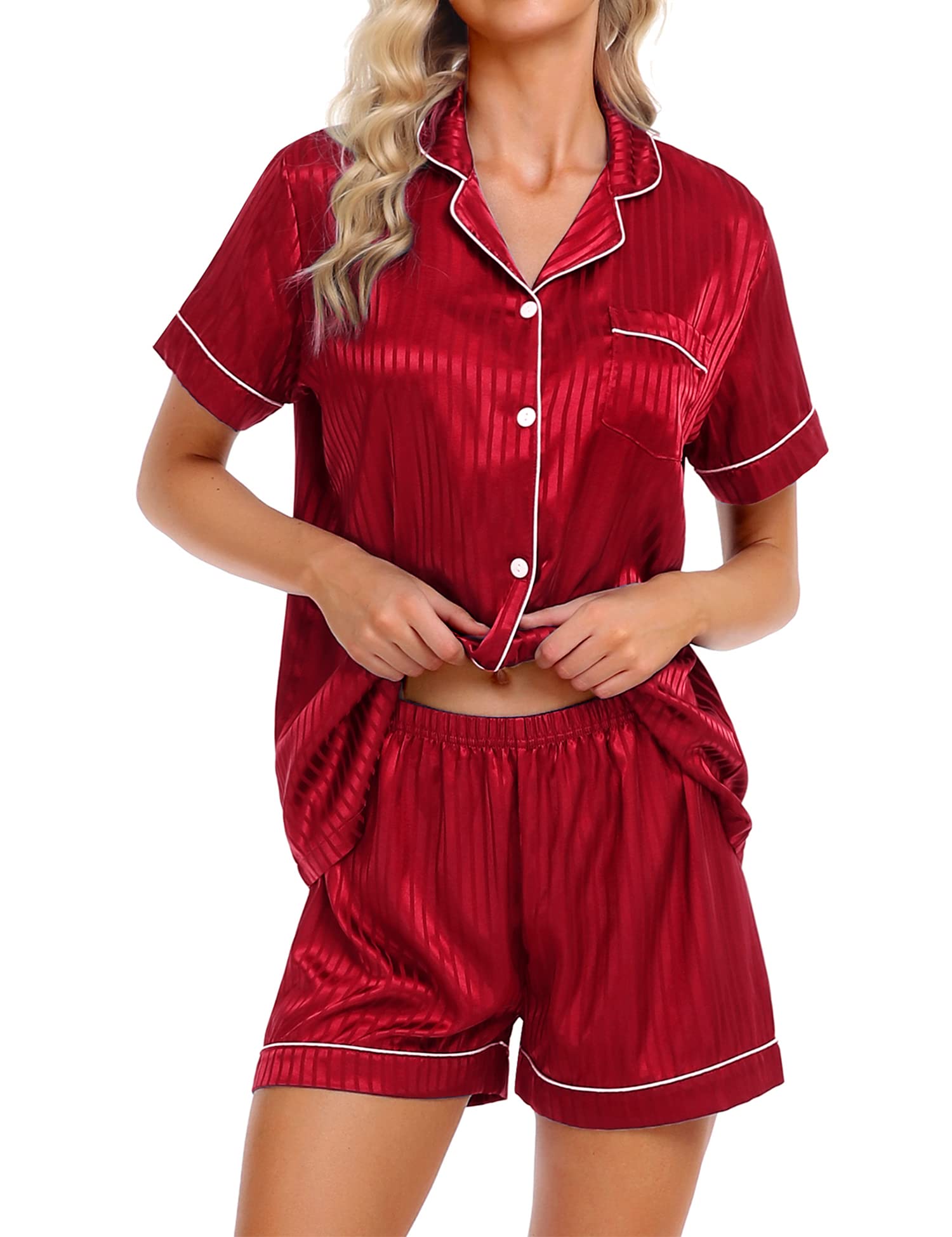 SWOMOG Womens Silky Satin Pajamas Set 2-piece Pjs Set Loungewear Short-Sleeve Nightwear Button Down Sleepwear