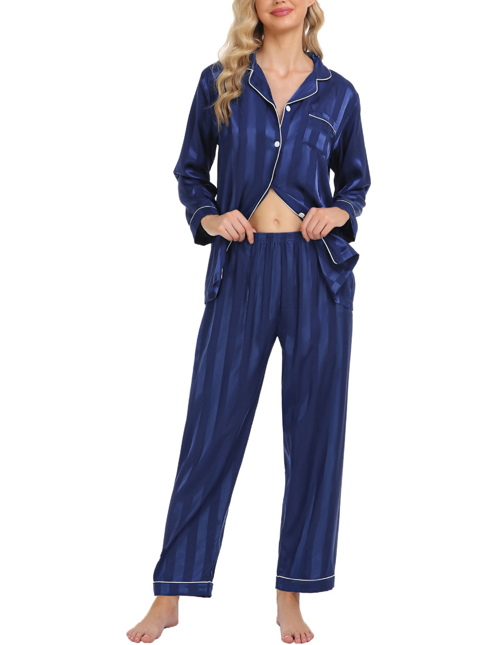 SWOMOG Womens Silk Satin Pajamas Loungewear Two-piece Sleepwear Button-Down Pj Set
