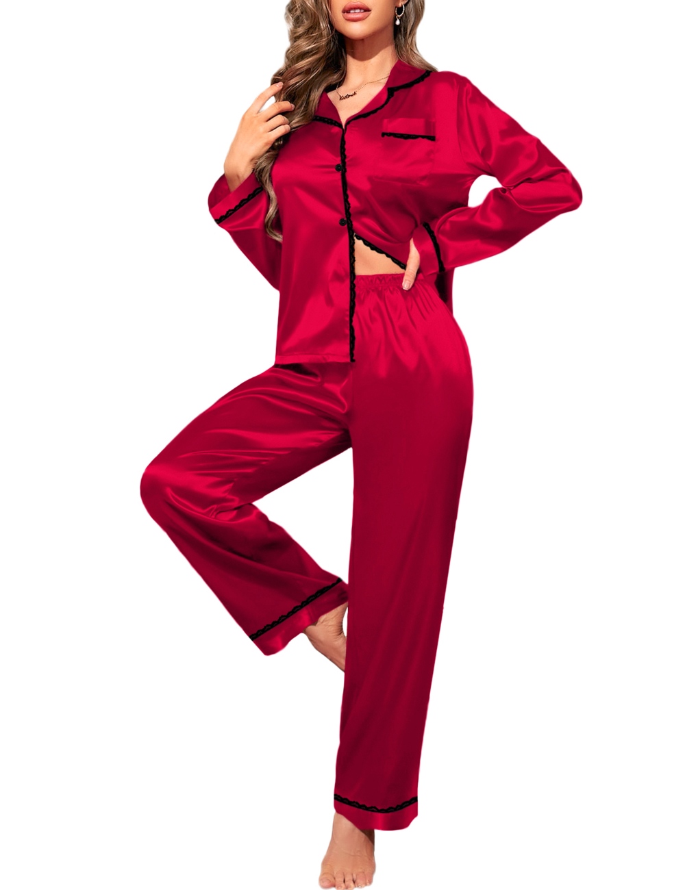 SWOMOG Womens Silk Satin Pajamas Set Long Sleeve Sleepwear Soft Button Down Loungewear 2 Piece Lace Pj