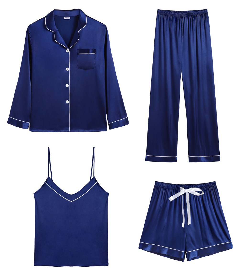 SWOMOG Womens 4pcs Pajamas Sets Silk Satin Long Sleeve Sleepwear Sexy Cami Shorts Set Button Down Nightwear Soft Lounge Set
