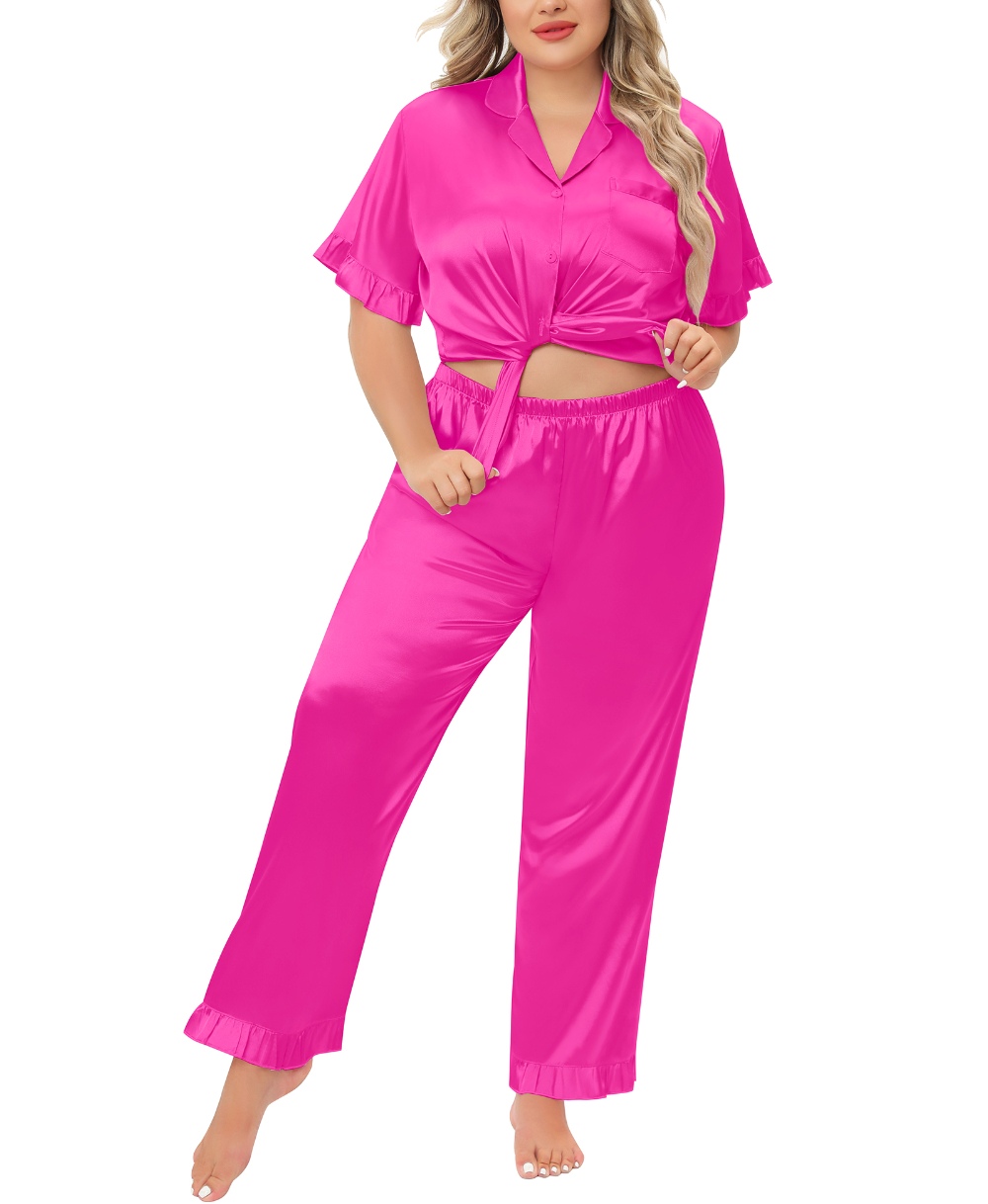 SWOMOG Plus Size Pajamas for Women Satin Silk Short Sleeve Ruffle Hem PJs Button Down Sleepwear with Long Pants 2Pcs PJ Sets
